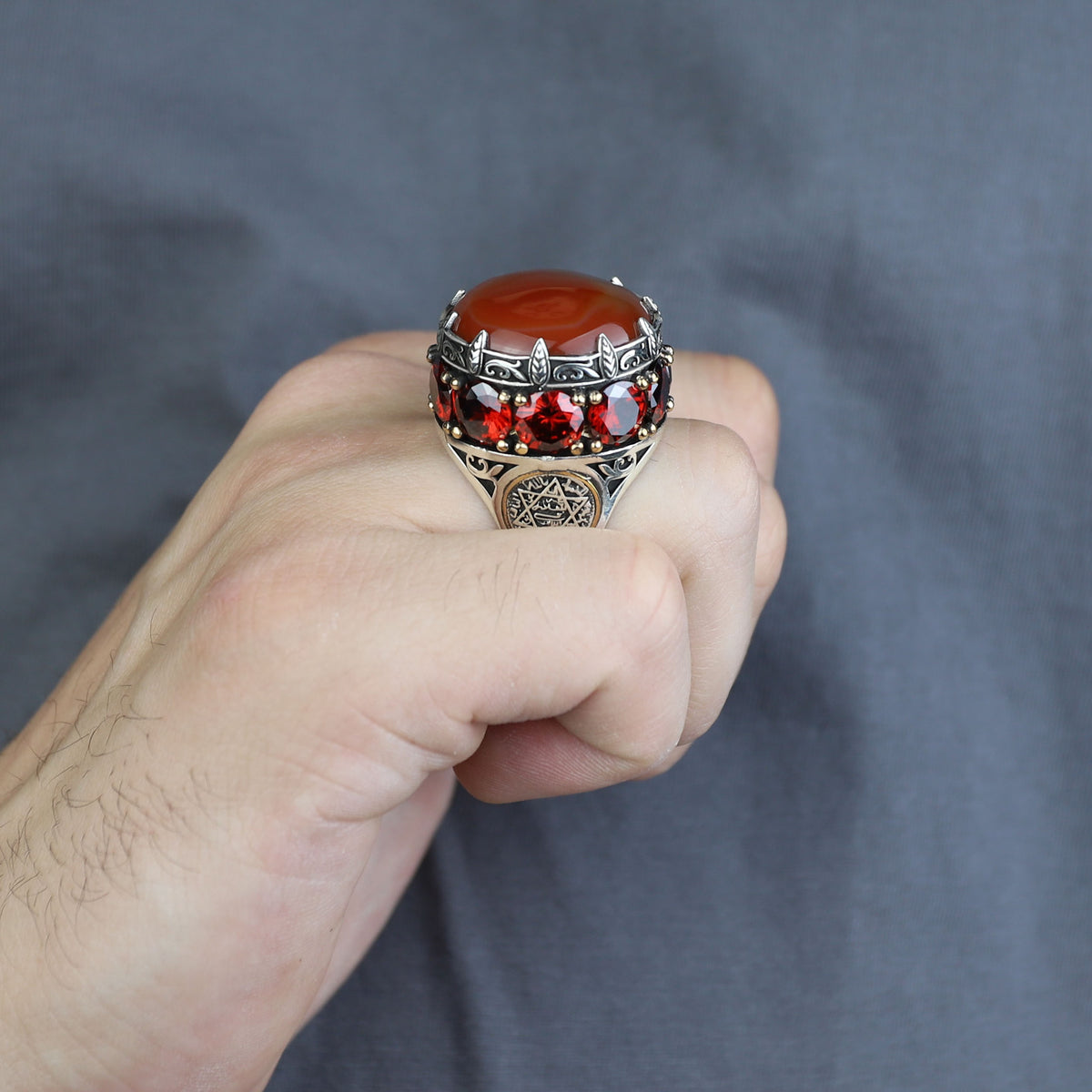 925 Sterling Silver Solomon Signet Red Agate Ring , Round Ruby And Agate Gemstone Ring