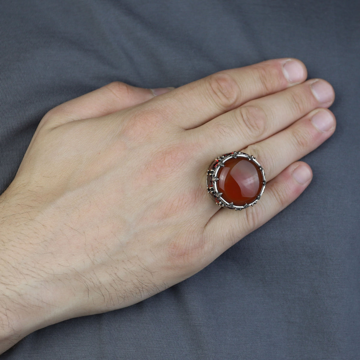 925 Sterling Silver Solomon Signet Red Agate Ring , Round Ruby And Agate Gemstone Ring