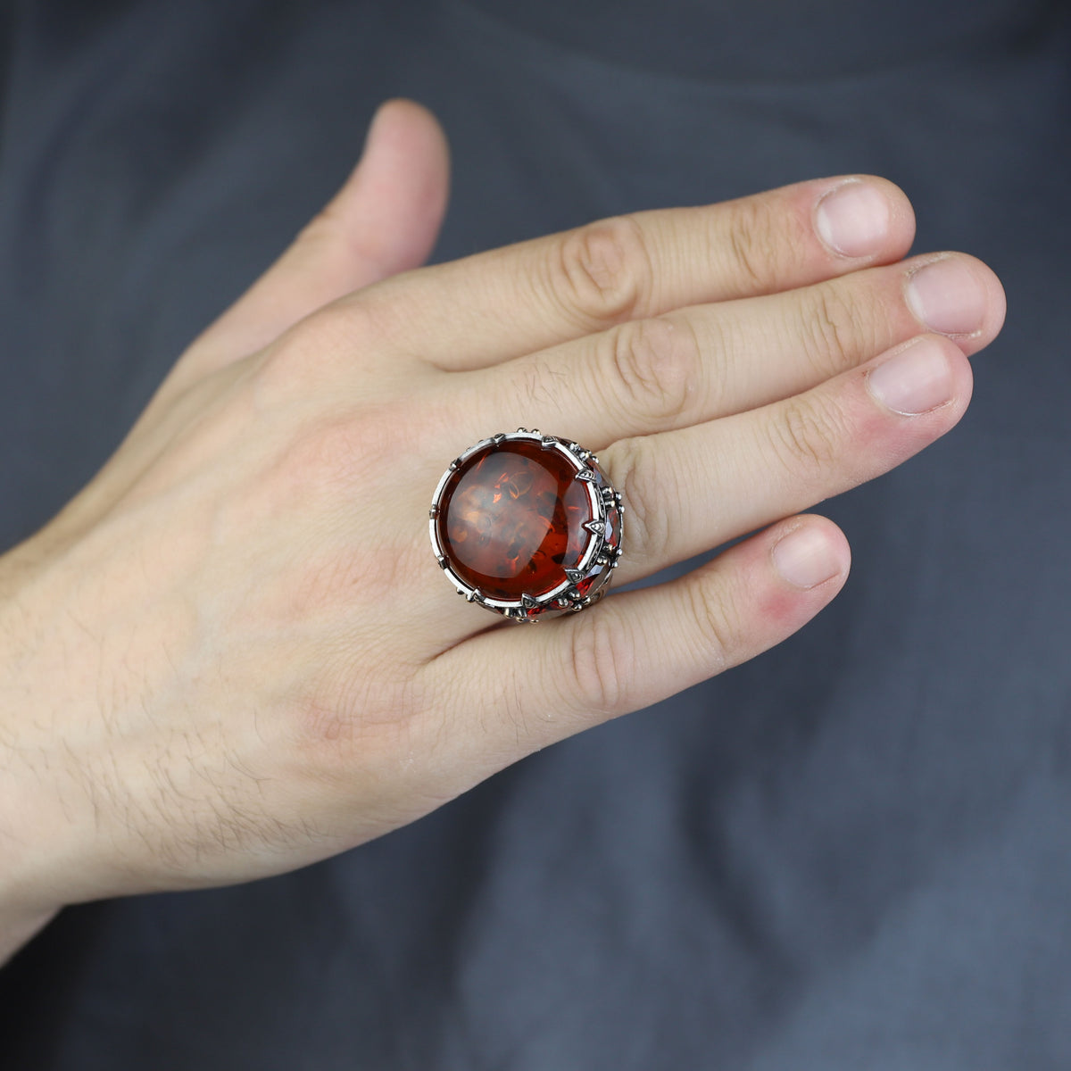 Natural Amber Stone Ring , Solomon Signet Sterling Silver Large Amber Stone Ring , Ottoman Style Silver Ring