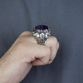 Men Silver Round Amethyst Ring, Large Moissanite And Amethyst Ring,Solomon Signet Turkish Artisan Amethyst Ring
