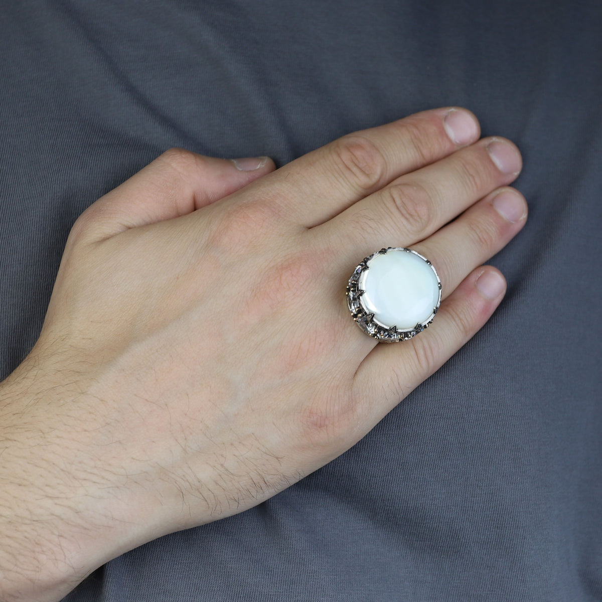 925 Silver Large Round Solomon Signet Ring, Natural Mother Of Pearl Gemstone Handmade Ring