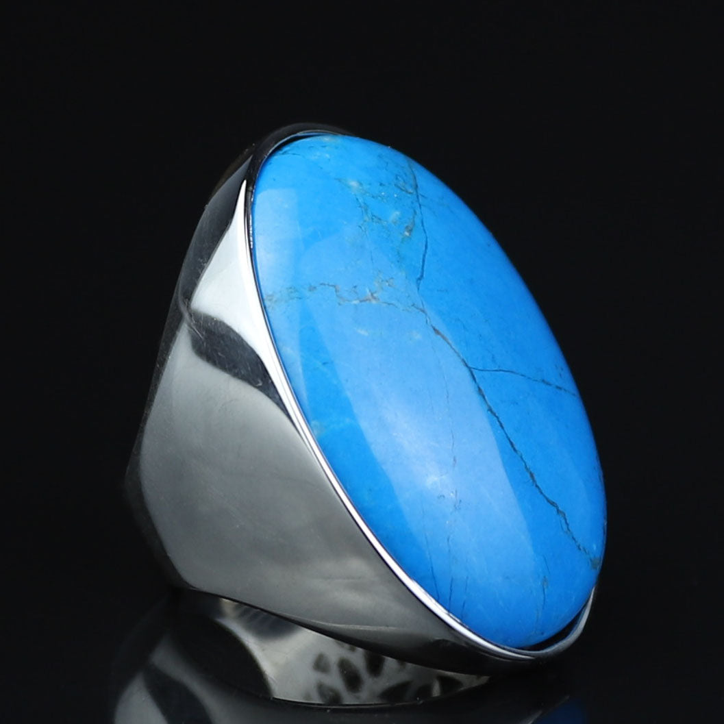 925 Sterling Silver Turquoise Ring, Large Natural Turquoise Ring, Classic Polished Ring, Turkish handmade, Gift for Men, Father Day Gift