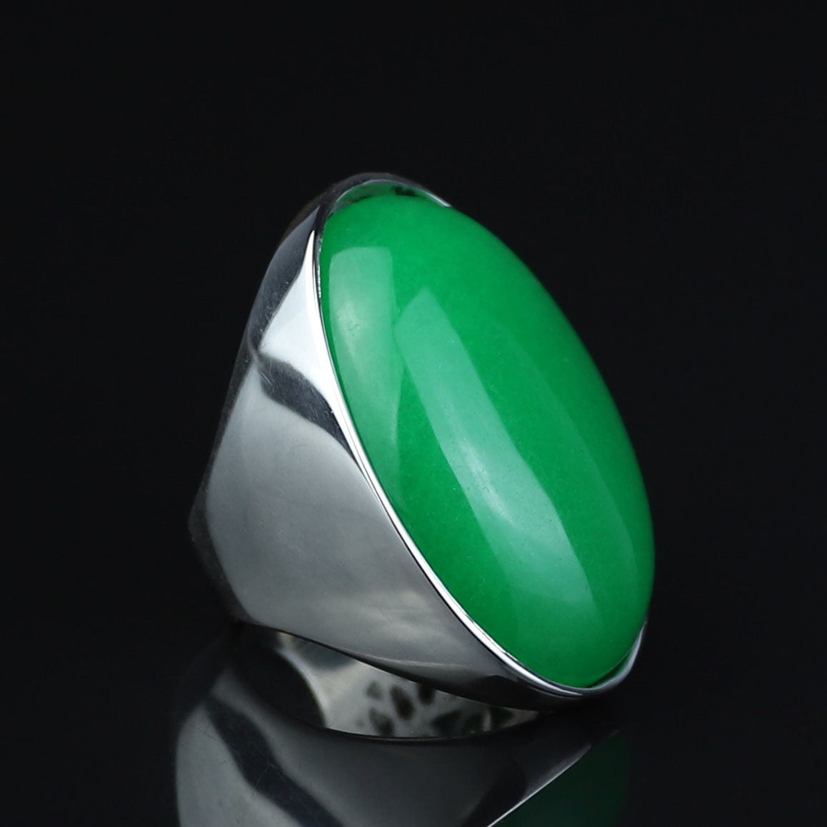 Men Silver Natural Jade Gemstone Ring, Large Classic Signet Ring, Green Gemstone Large Ring, Natural Jade Ring, Gift For Men