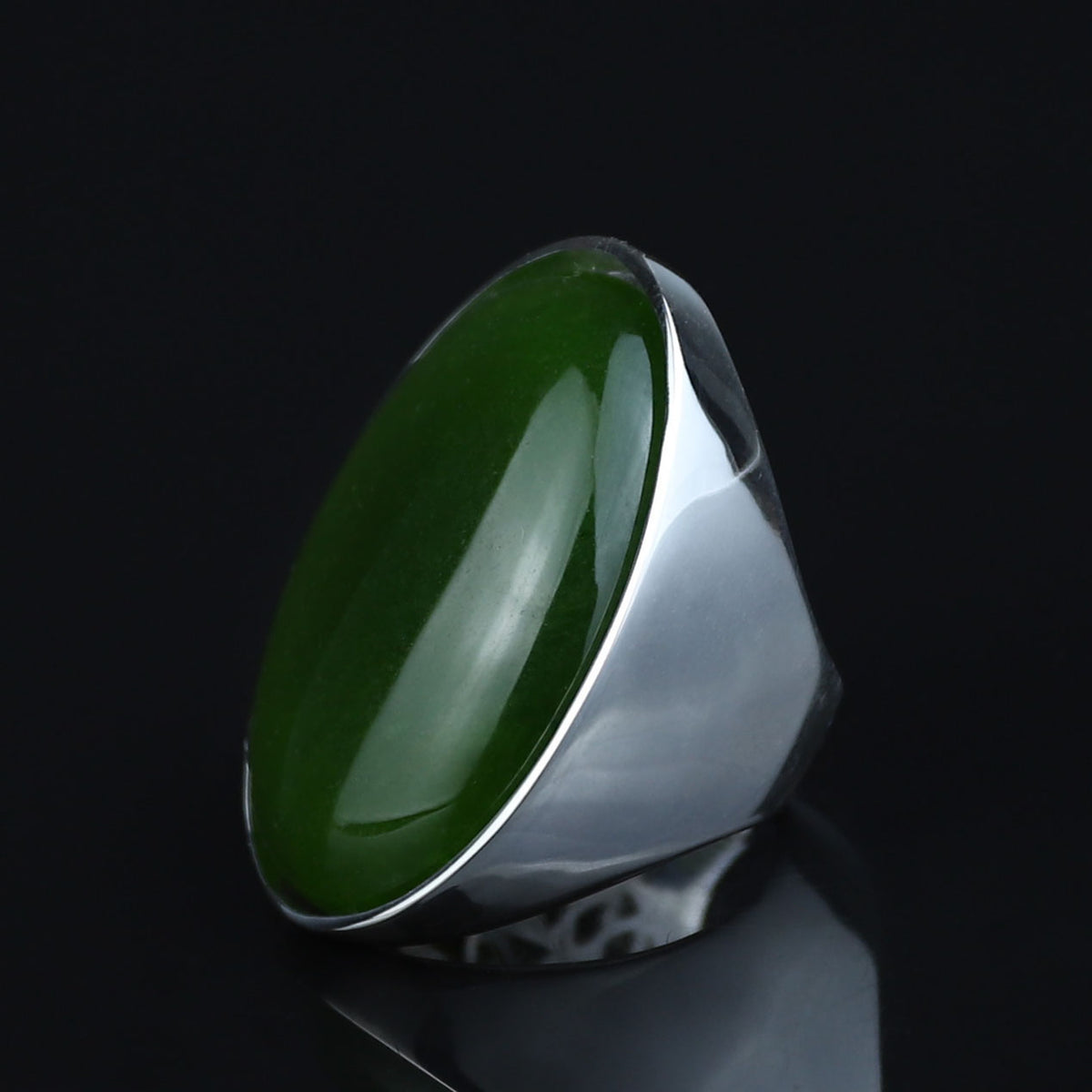 Silver Jade Stone Ring, Large Classic Jade Stone Solid Ring, Handmade Green Jade Ring