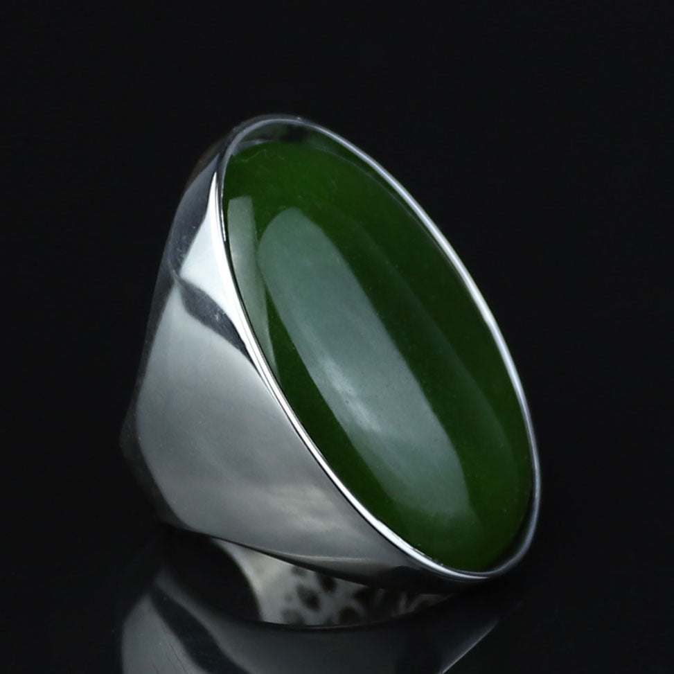Silver Jade Stone Ring, Large Classic Jade Stone Solid Ring, Handmade Green Jade Ring