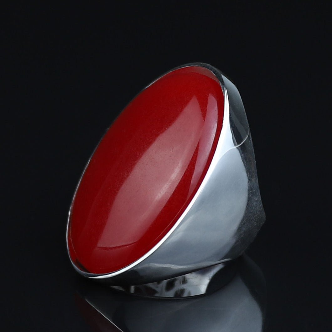 Man Red Jade Stone Ring, Classic Solid Large Stone Ring, Ottoman Style Large Ring, Turkish Big Gemstone Sterling Silver Ring
