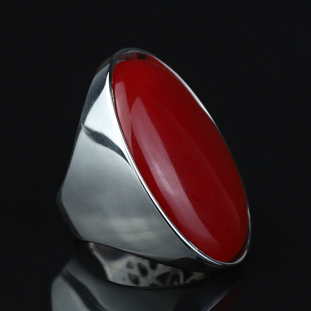 Man Red Jade Stone Ring, Classic Solid Large Stone Ring, Ottoman Style Large Ring, Turkish Big Gemstone Sterling Silver Ring
