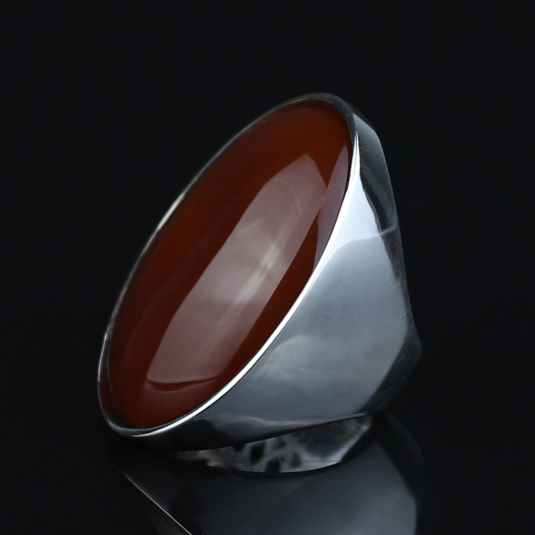 Silver Agate Stone Ring, Large Red Agate Carnelian Ring, Classic Style Handmade Ring, Dark Red Agate Ring