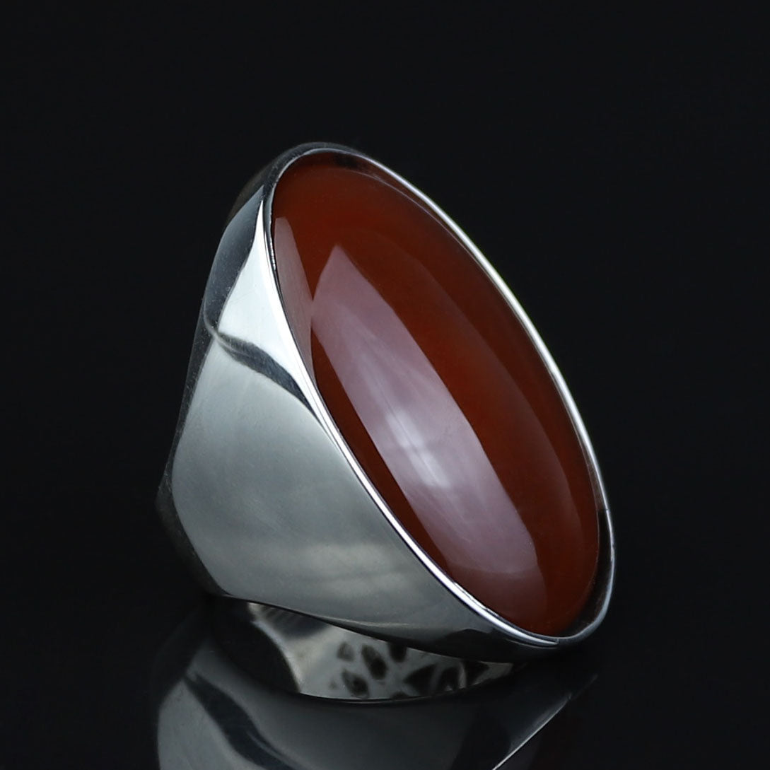 Silver Agate Stone Ring, Large Red Agate Carnelian Ring, Classic Style Handmade Ring, Dark Red Agate Ring