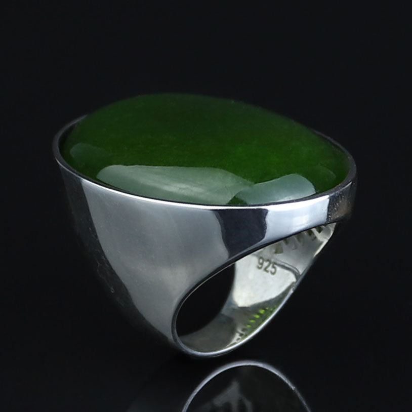 Silver Jade Stone Ring, Large Classic Jade Stone Solid Ring, Handmade Green Jade Ring