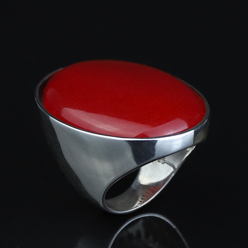 Man Red Jade Stone Ring, Classic Solid Large Stone Ring, Ottoman Style Large Ring, Turkish Big Gemstone Sterling Silver Ring