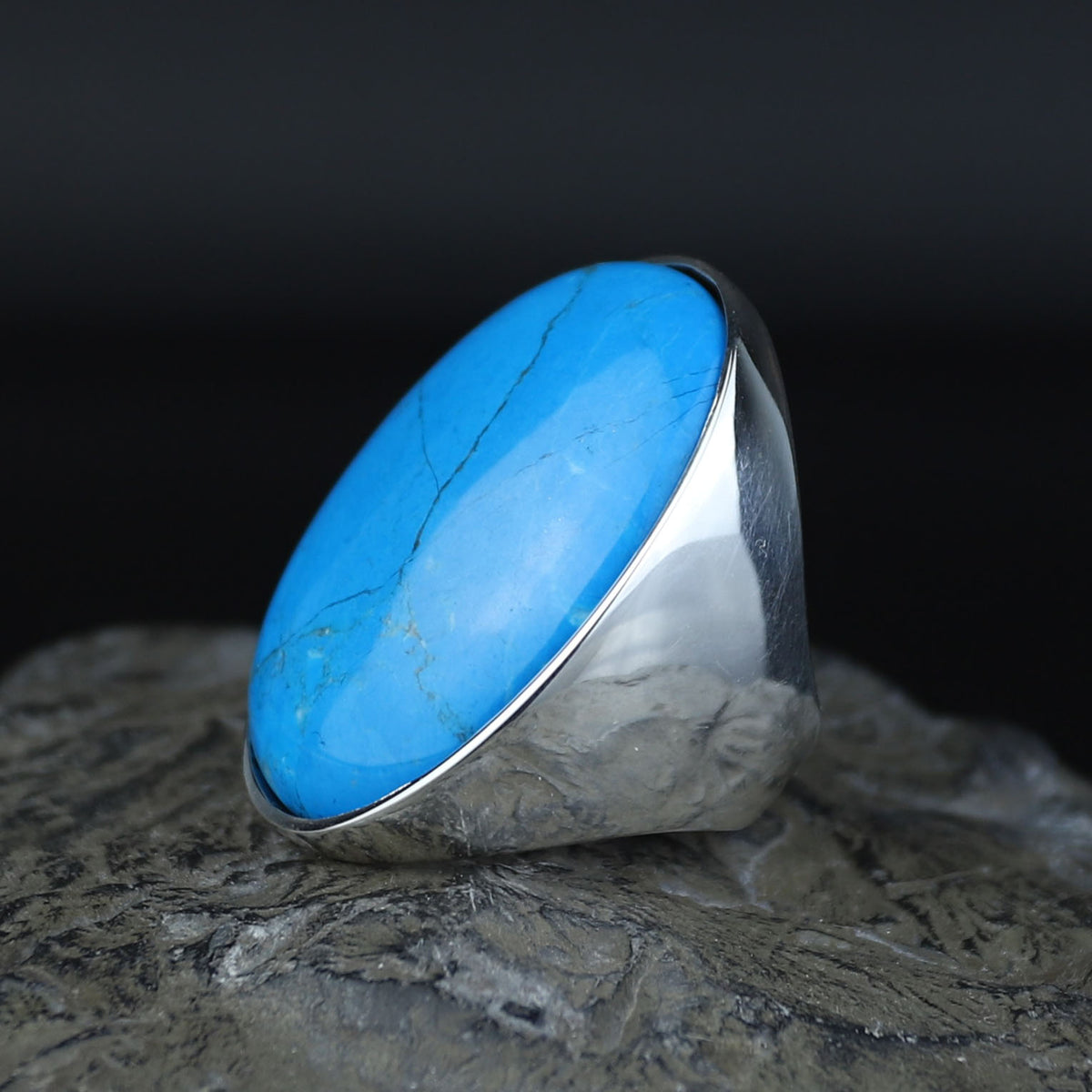 925 Sterling Silver Turquoise Ring, Large Natural Turquoise Ring, Classic Polished Ring, Turkish handmade, Gift for Men, Father Day Gift