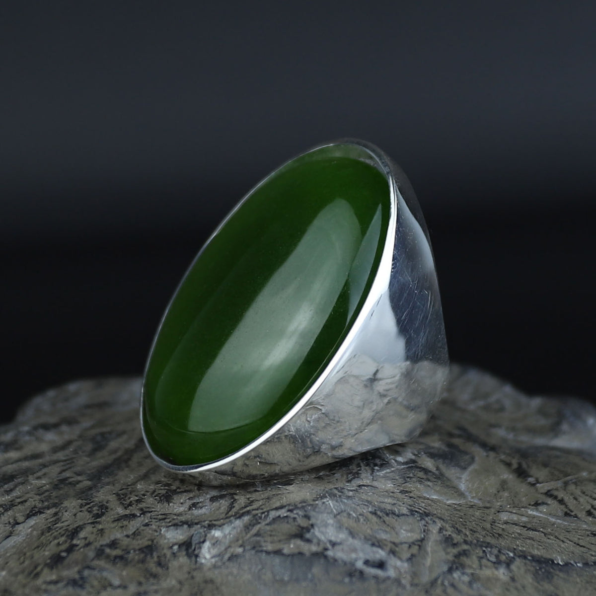 Silver Jade Stone Ring, Large Classic Jade Stone Solid Ring, Handmade Green Jade Ring