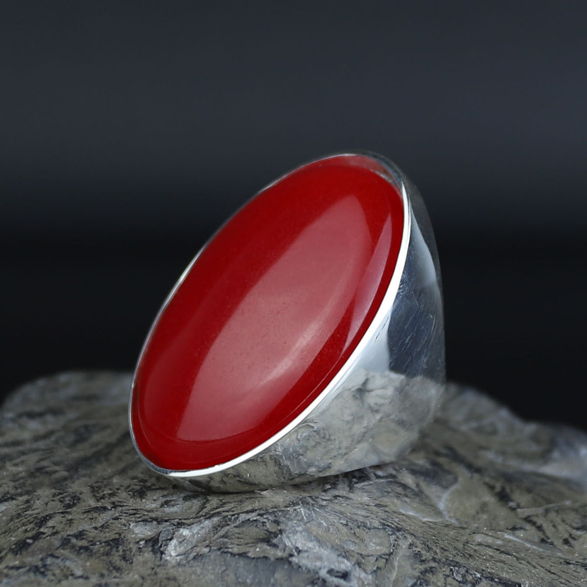 Man Red Jade Stone Ring, Classic Solid Large Stone Ring, Ottoman Style Large Ring, Turkish Big Gemstone Sterling Silver Ring