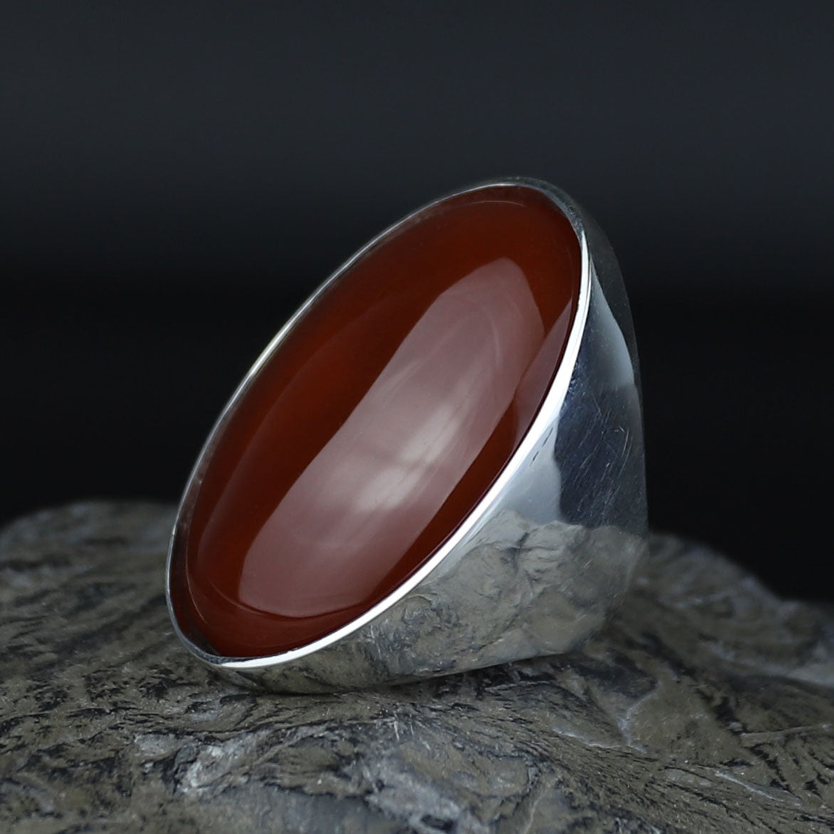 Silver Agate Stone Ring, Large Red Agate Carnelian Ring, Classic Style Handmade Ring, Dark Red Agate Ring