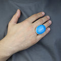 925 Sterling Silver Turquoise Ring, Large Natural Turquoise Ring, Classic Polished Ring, Turkish handmade, Gift for Men, Father Day Gift