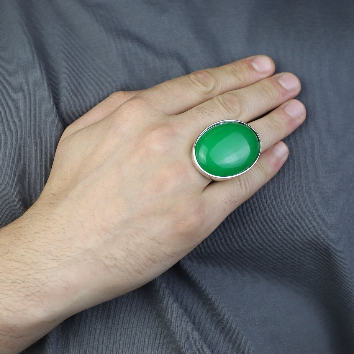 Men Silver Natural Jade Gemstone Ring, Large Classic Signet Ring, Green Gemstone Large Ring, Natural Jade Ring, Gift For Men