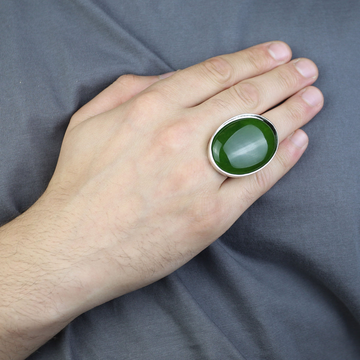Silver Jade Stone Ring, Large Classic Jade Stone Solid Ring, Handmade Green Jade Ring