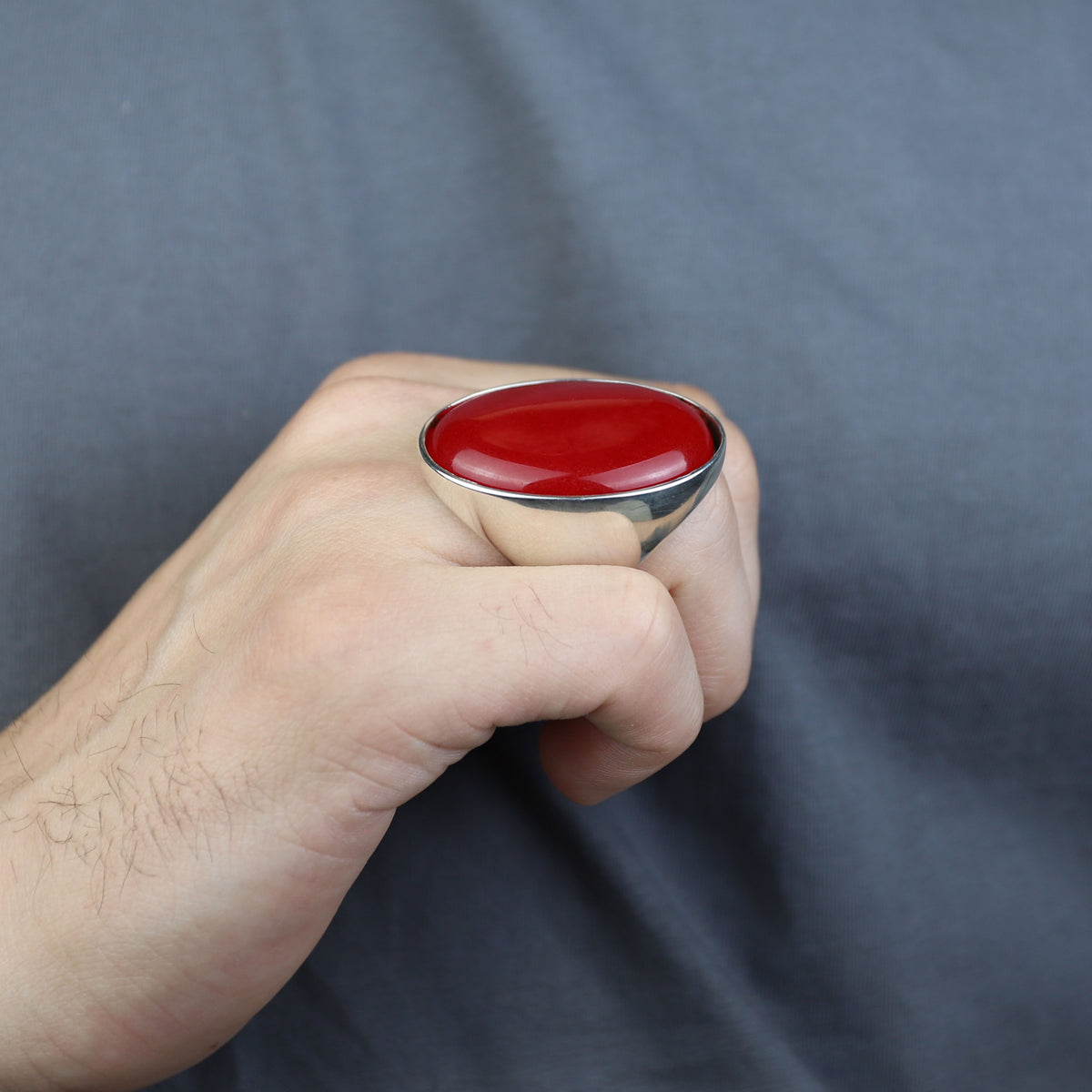 Man Red Jade Stone Ring, Classic Solid Large Stone Ring, Ottoman Style Large Ring, Turkish Big Gemstone Sterling Silver Ring
