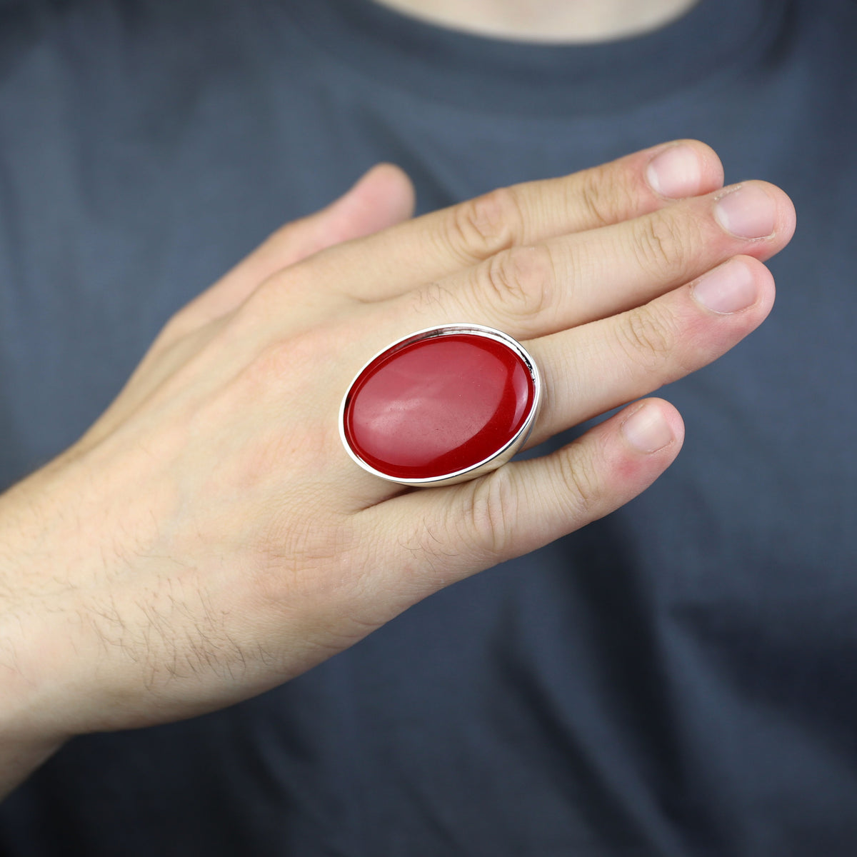 Man Red Jade Stone Ring, Classic Solid Large Stone Ring, Ottoman Style Large Ring, Turkish Big Gemstone Sterling Silver Ring