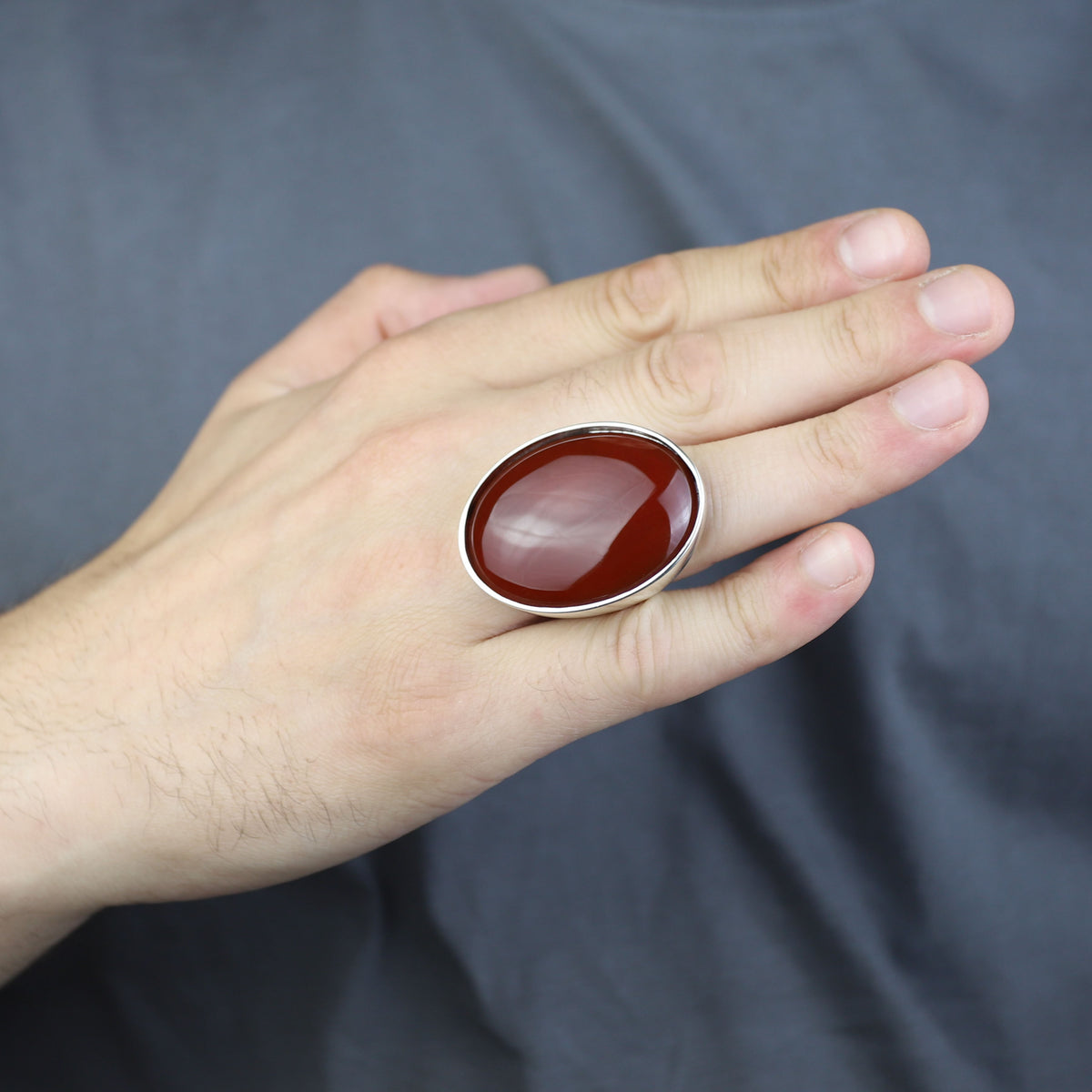Silver Agate Stone Ring, Large Red Agate Carnelian Ring, Classic Style Handmade Ring, Dark Red Agate Ring