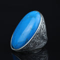 Men Silver Large Turquoise Stone Ring, Hand Engraved Silver Ring, Engraved Large Silver Ring, Large Signet Ring