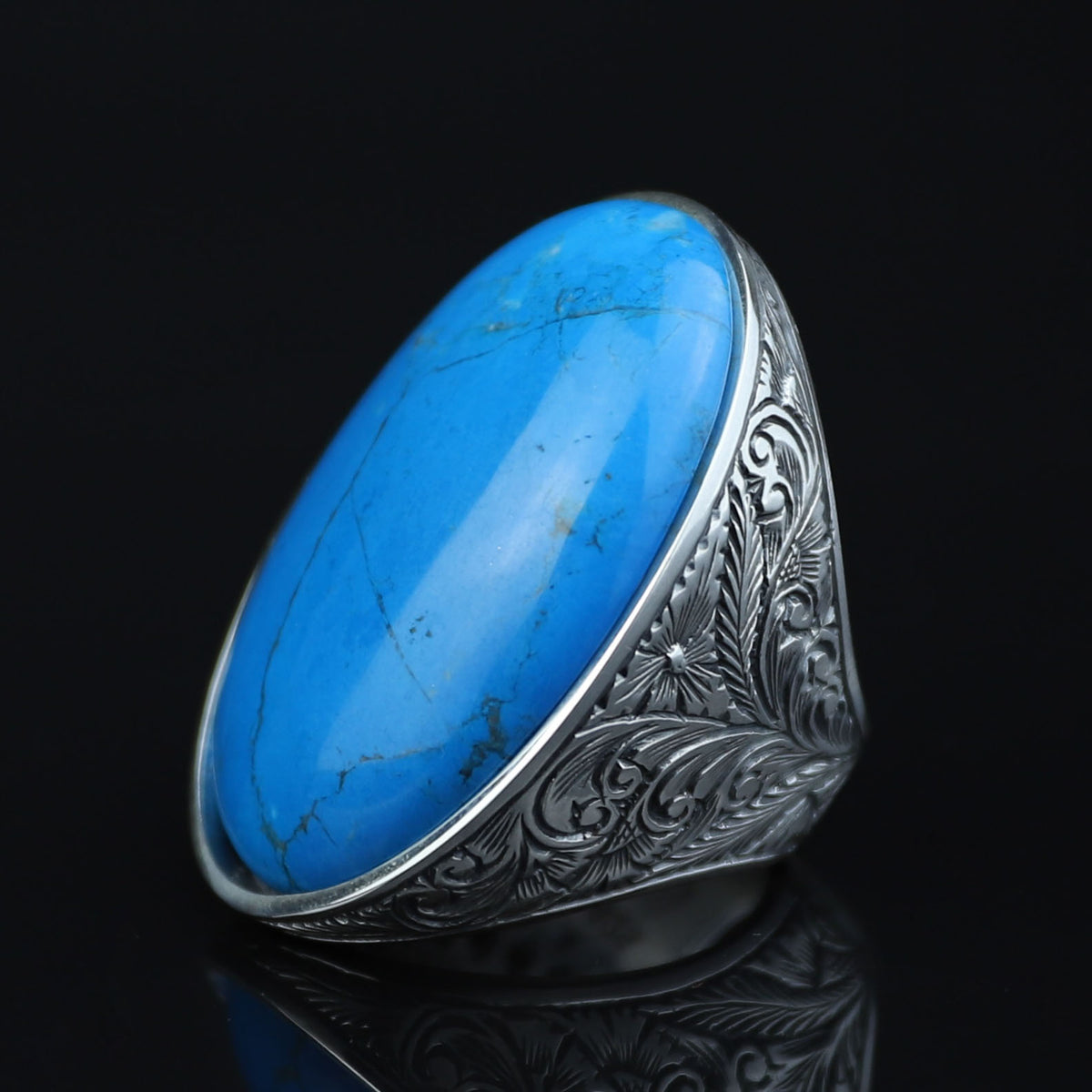 Men Silver Large Turquoise Stone Ring, Hand Engraved Silver Ring, Engraved Large Silver Ring, Large Signet Ring