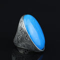 Men Silver Large Turquoise Stone Ring, Hand Engraved Silver Ring, Engraved Large Silver Ring, Large Signet Ring