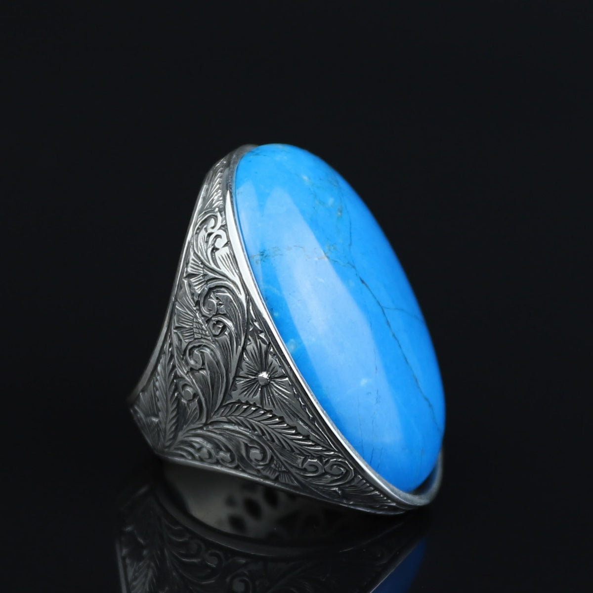 Men Silver Large Turquoise Stone Ring, Hand Engraved Silver Ring, Engraved Large Silver Ring, Large Signet Ring