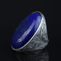 Men Large Natural Lapis Lazuli Ring, Engraved Handmade Lapis Ring , Blue Lapis Lazuli Ring