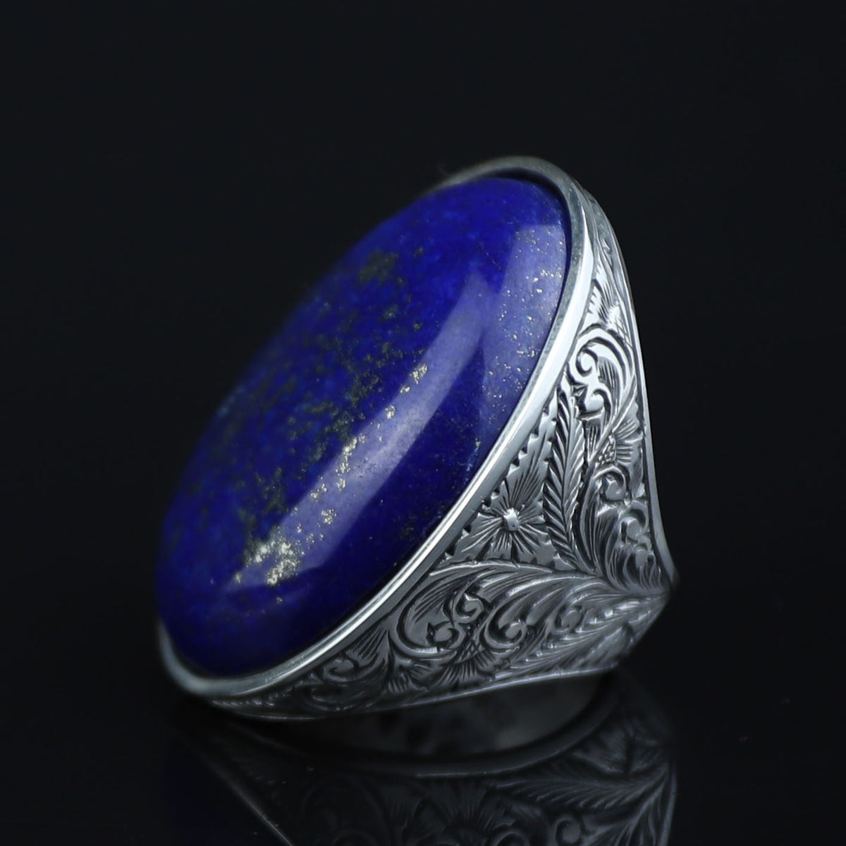 Men Large Natural Lapis Lazuli Ring, Engraved Handmade Lapis Ring , Blue Lapis Lazuli Ring