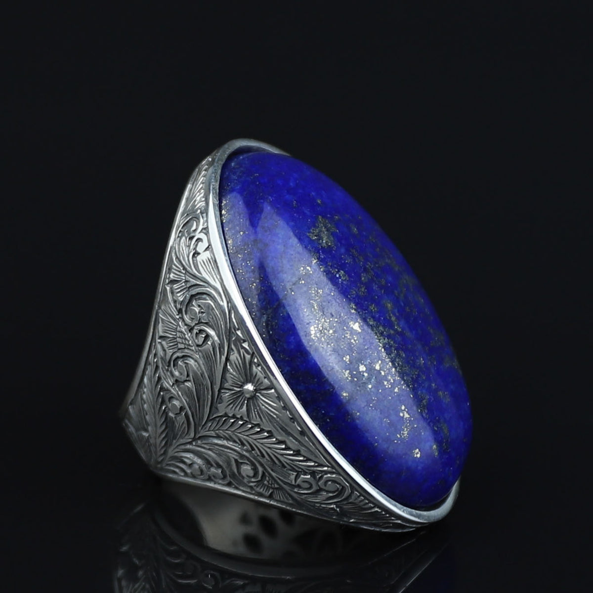 Men Large Natural Lapis Lazuli Ring, Engraved Handmade Lapis Ring , Blue Lapis Lazuli Ring