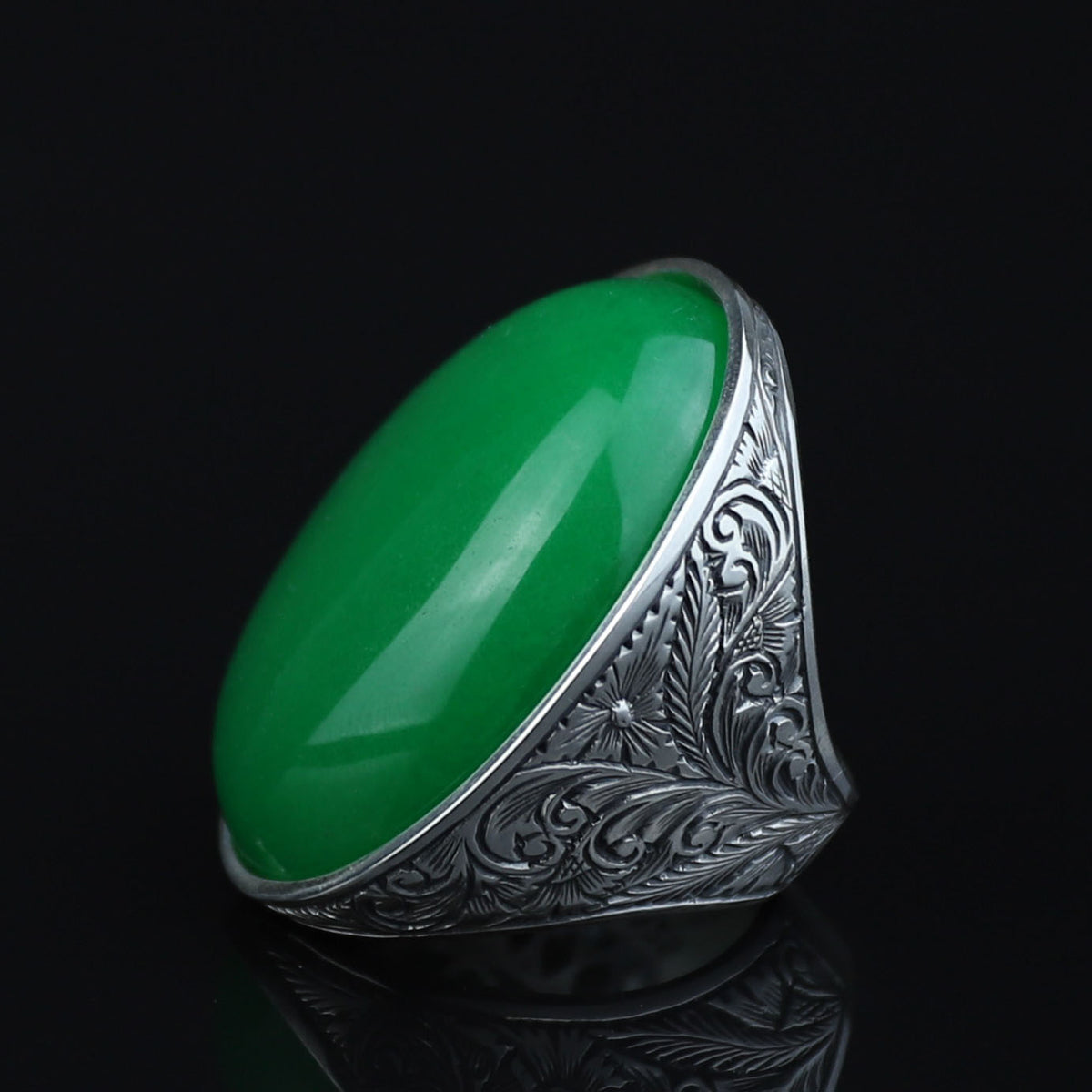 925 Silver Jade Stone Ring, Men Green Jade Engraved Ring, Handmade Silver Engraved Ring