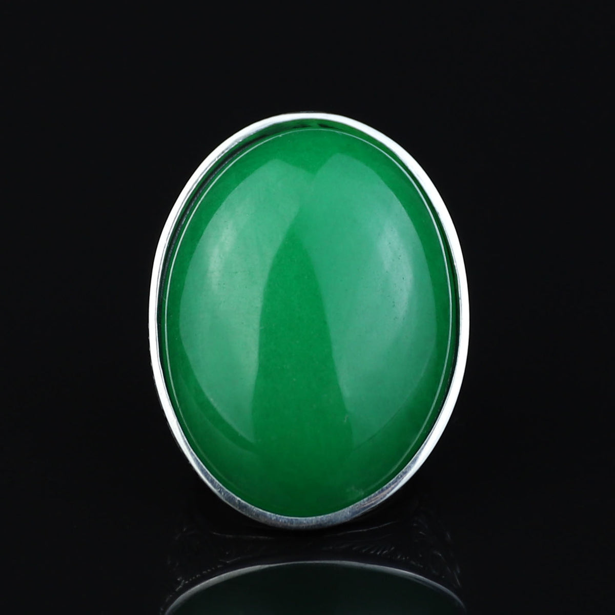 925 Silver Jade Stone Ring, Men Green Jade Engraved Ring, Handmade Silver Engraved Ring