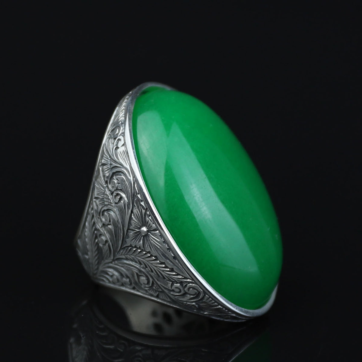 925 Silver Jade Stone Ring, Men Green Jade Engraved Ring, Handmade Silver Engraved Ring
