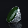 Silver Natural Jade Stone Ring, Large Hand Engraved Stone Ring, Green Jade Ring