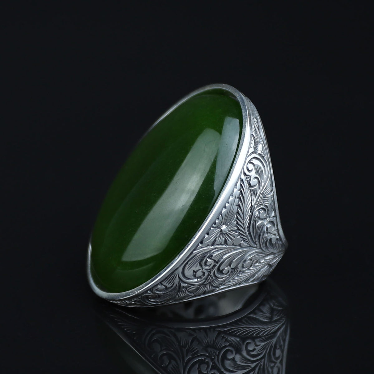 Silver Natural Jade Stone Ring, Large Hand Engraved Stone Ring, Green Jade Ring
