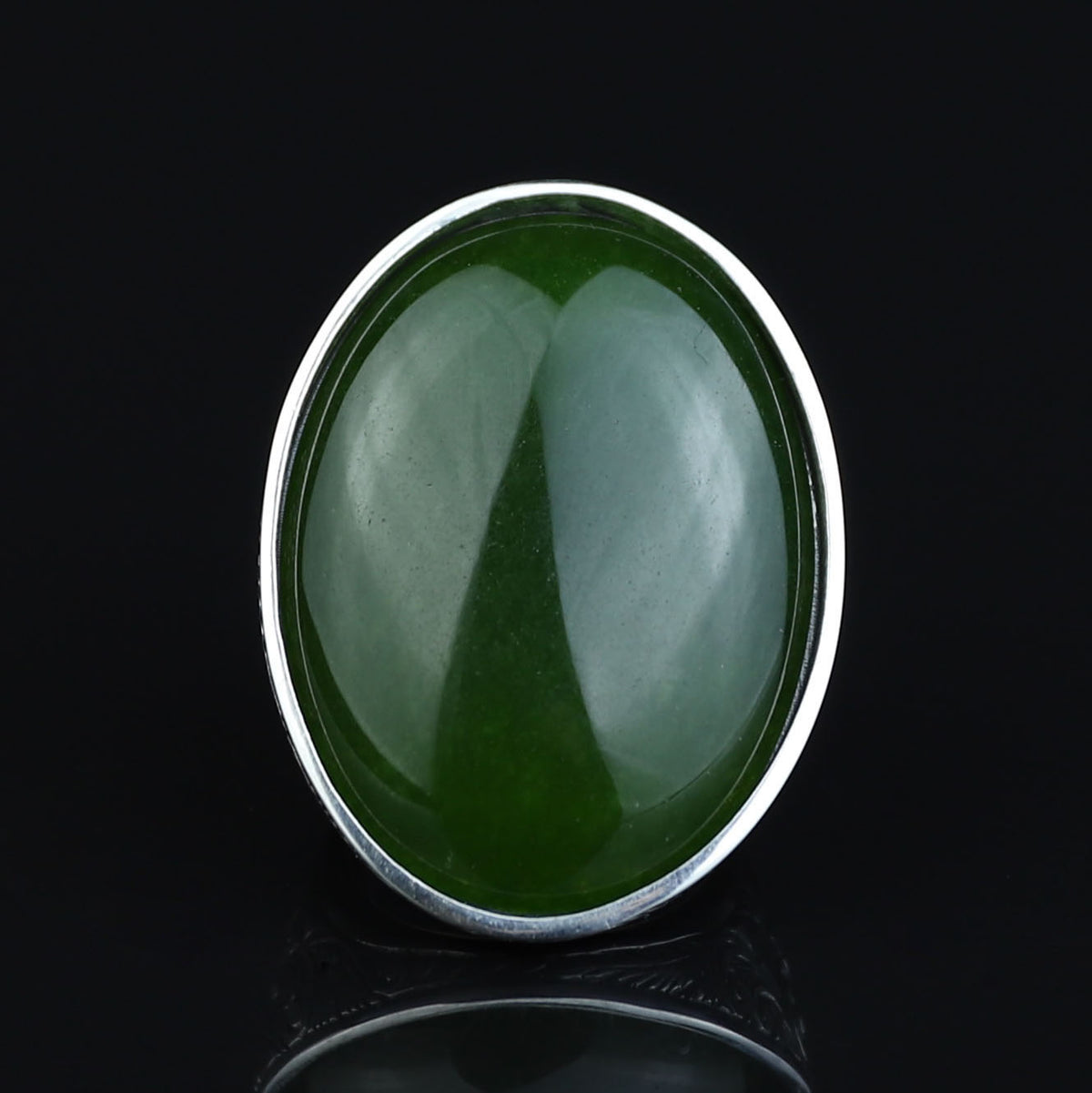 Silver Natural Jade Stone Ring, Large Hand Engraved Stone Ring, Green Jade Ring