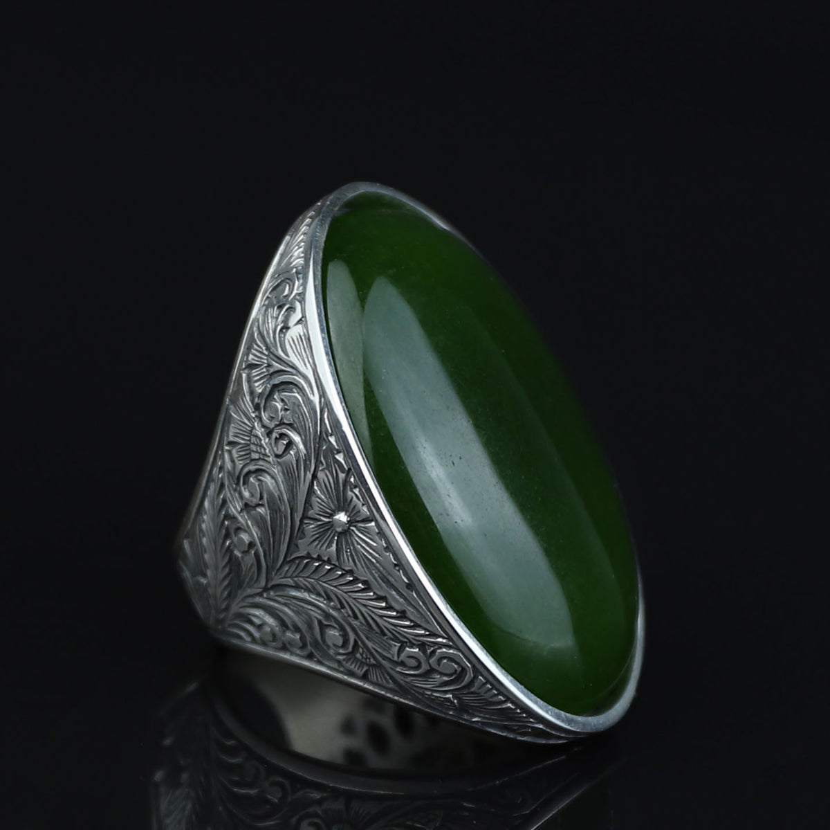 Silver Natural Jade Stone Ring, Large Hand Engraved Stone Ring, Green Jade Ring