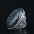 925 Silver Engraved Labradorite Men Ring, Large Turkish Gemstone Ring, Hand-Engraved Men Ring, Turkish Handmade Silver Ring