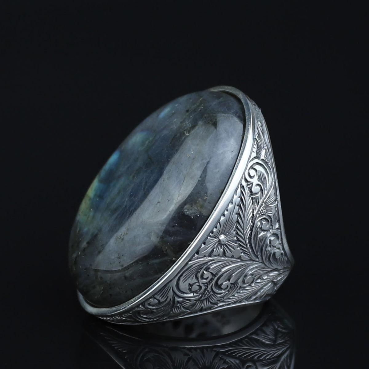 925 Silver Engraved Labradorite Men Ring, Large Turkish Gemstone Ring, Hand-Engraved Men Ring, Turkish Handmade Silver Ring