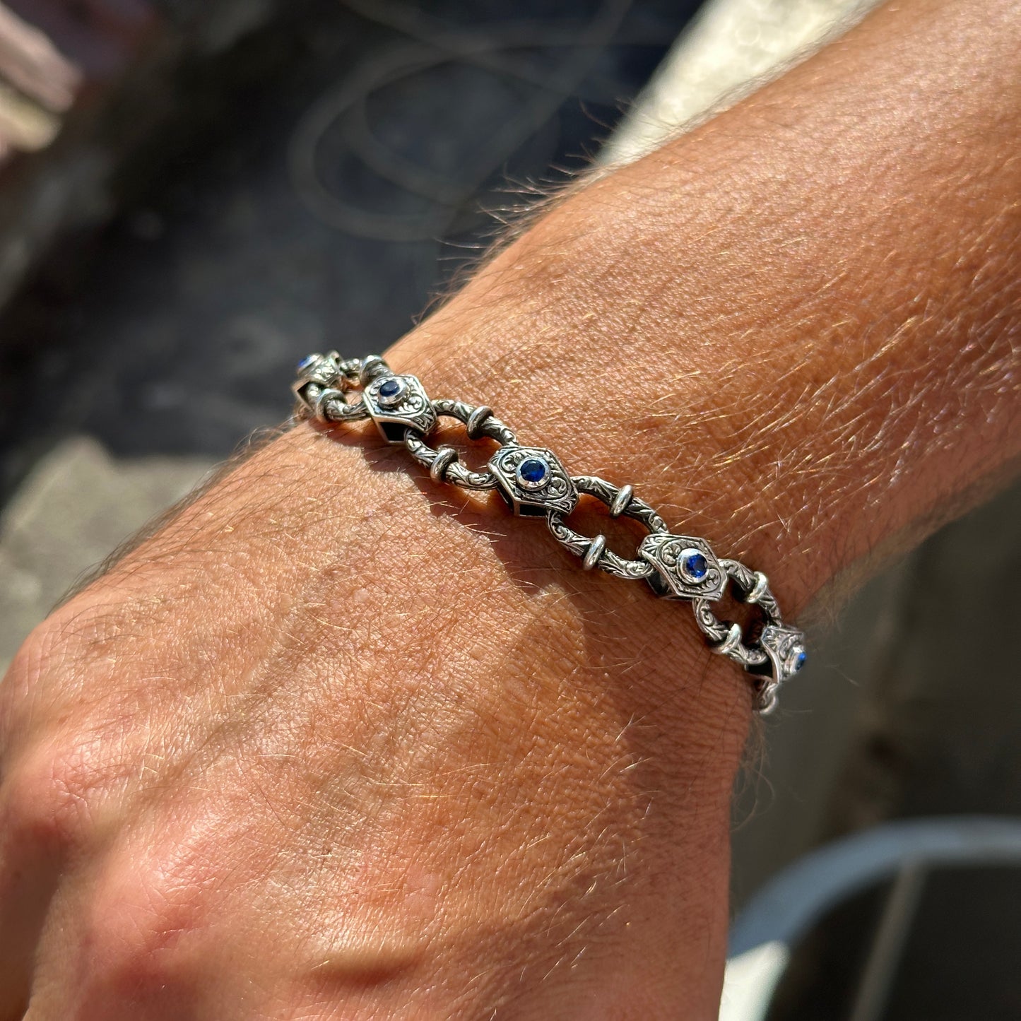 Silver Sapphire Gemstone Engraved Chain Bracelet