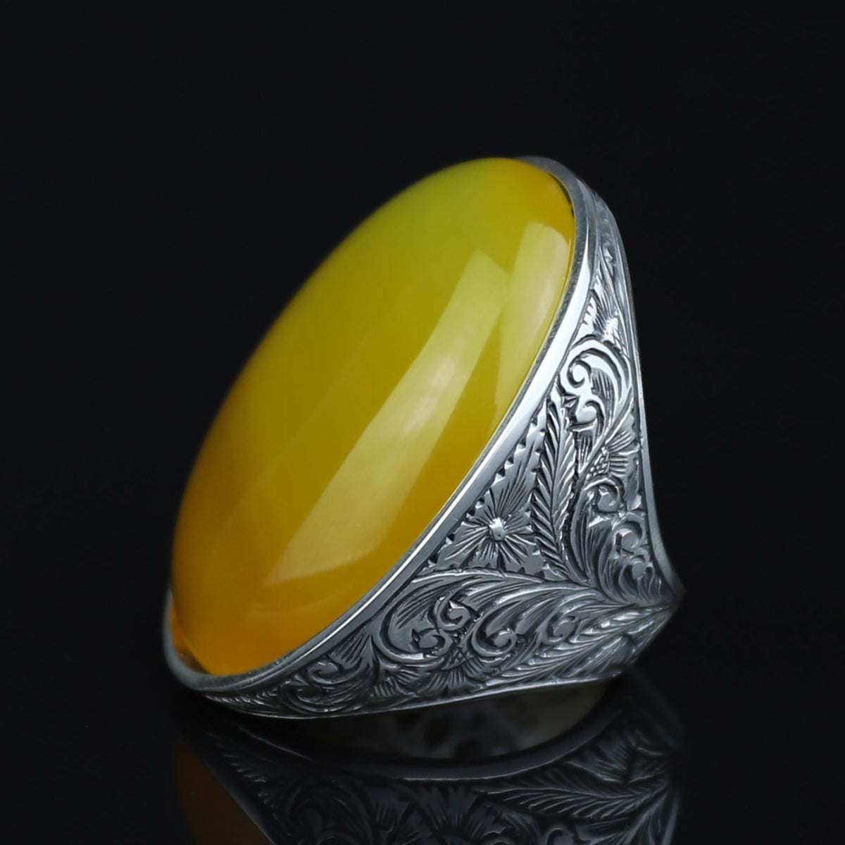 Men Handmade Large Yellow Agate 925 Silver Ring, Natural Aqeeq Gemstone Ring