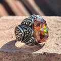 Men Silver Engraved Natural Yellow Citrine Gemstone Ring