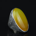 Men Handmade Large Yellow Agate 925 Silver Ring, Natural Aqeeq Gemstone Ring