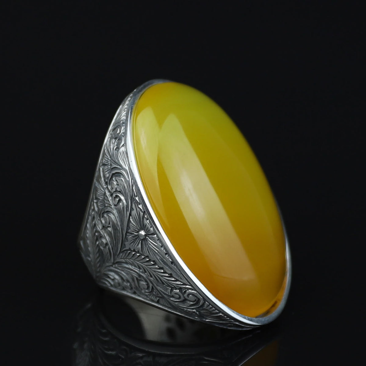 Men Handmade Large Yellow Agate 925 Silver Ring, Natural Aqeeq Gemstone Ring