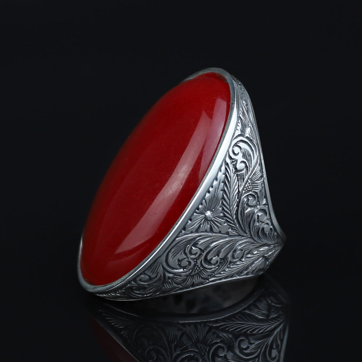 Man Large Red Jade Stone Ring , Silver Large Stone Engraved Style Ring, Turkish Big Handmade Sterling Silver Ring , Gift For Him