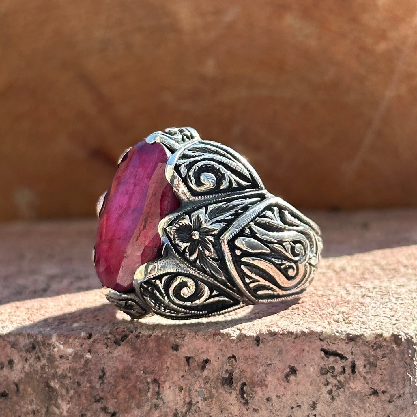 Men Silver Handmade Natural Red Ruby Gemstone Ring