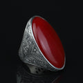 Man Large Red Jade Stone Ring , Silver Large Stone Engraved Style Ring, Turkish Big Handmade Sterling Silver Ring , Gift For Him