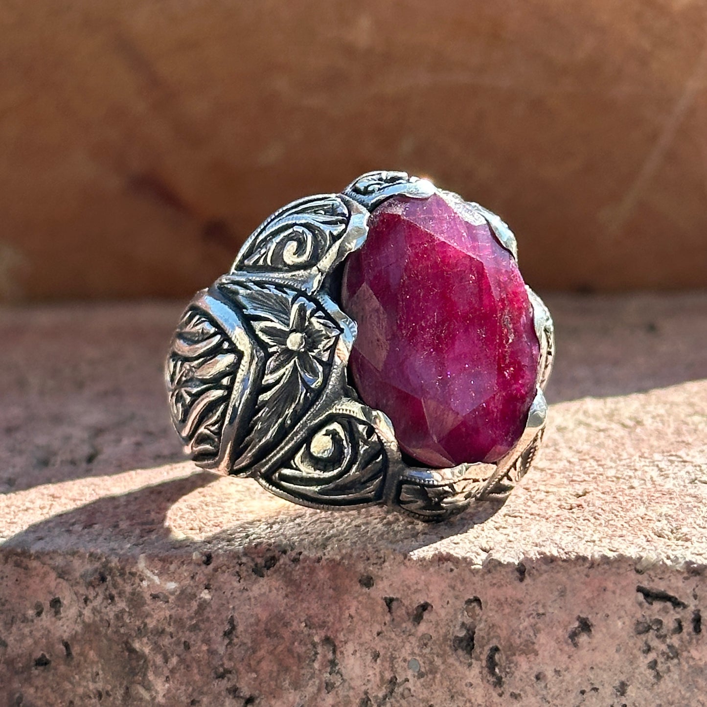 Men Silver Handmade Natural Red Ruby Gemstone Ring